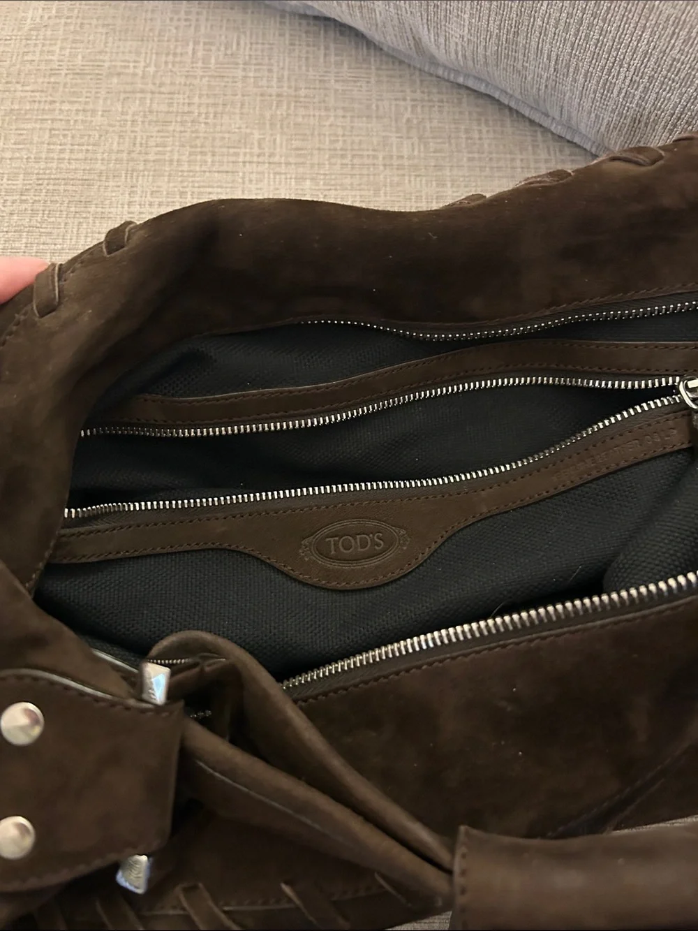 Tod's Dark Brown Suede Shoulder Bag with Braided Trim